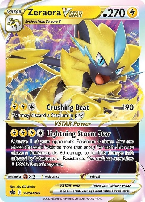Pokémon Sword & Shield Black Star Promo Zeraora Vstar card, vibrant artwork, and detailed Pokémon illustration.