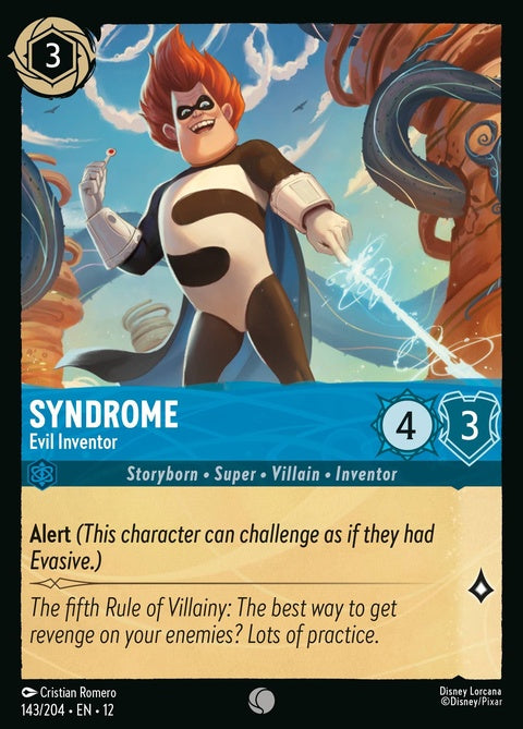 Disney Lorcana Syndrome Evil Inventor single card featuring Syndrome in his villainous costume with detailed artwork.