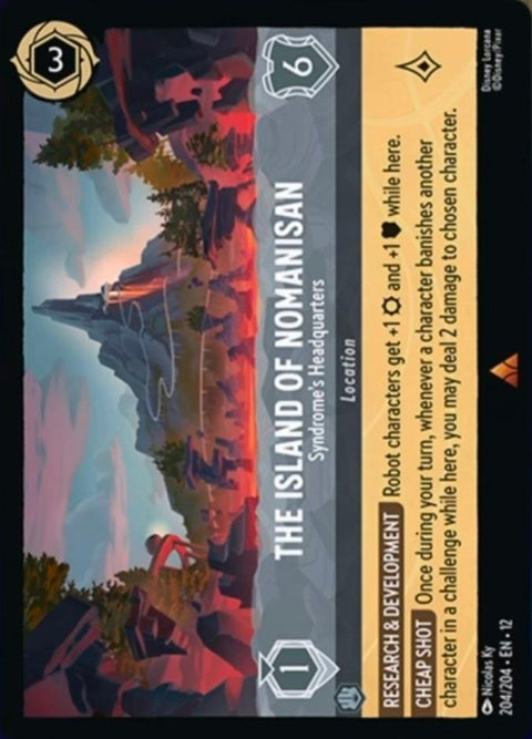 Disney Lorcana The Island of Nomanisan Syndrome's Headquarters card, featuring a detailed illustration of the island's iconic scene.