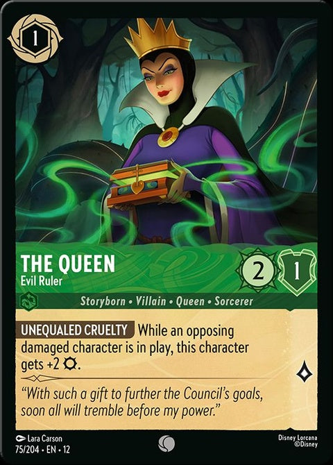 Disney Lorcana The Queen - Evil Ruler 75 singles card featuring a regal queen with dark, commanding presence and detailed artwork.