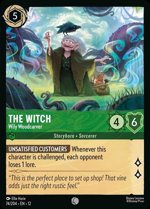 Disney Lorcana The Witch - Wily Woodcarver singles card featuring a witch character with a carved wooden figure, detailed illustration.