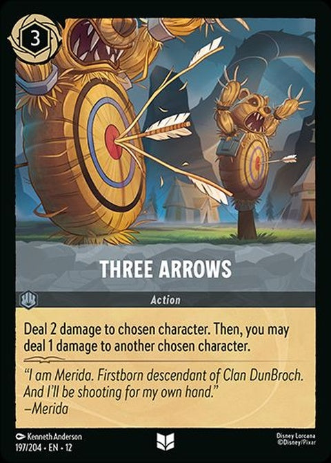 Disney Lorcana Three Arrows Singles card featuring three arrows illustration on a colorful background.
