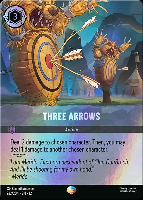 Disney Lorcana Three Arrows (222) singles card featuring vibrant artwork and detailed design on a white background.