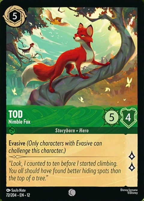 Disney Lorcana Tod - Nimble Fox singles card, featuring a playful fox illustration on a vibrant background.