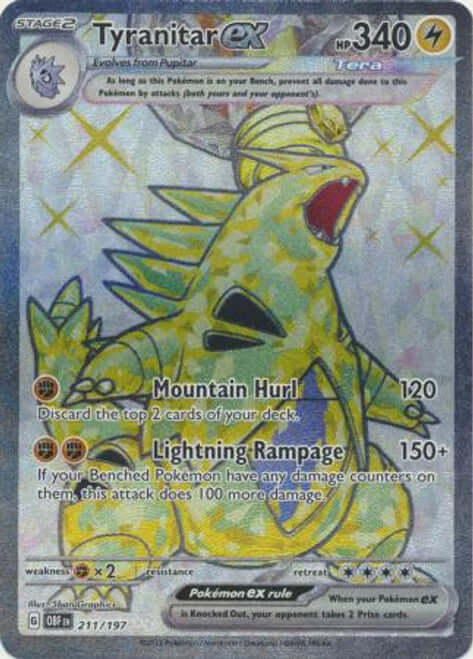 Full art Tyranitar ex 211/197 Pokémon card from Obsidian Flames set, featuring vibrant artwork by KTM Collectibles UK.