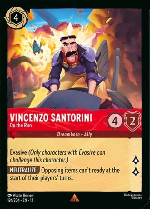 Vincenzo Santorini On The Run Disney Lorcana singles card featuring artwork of Vincenzo in a dynamic pose.