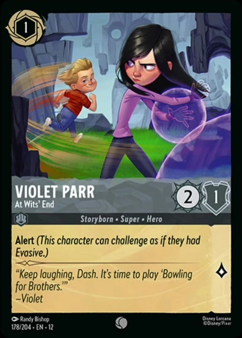 Violet Parr from Disney Lorcana Singles at Wits' End, featuring her in a vibrant, colorful illustration with her iconic purple hair.