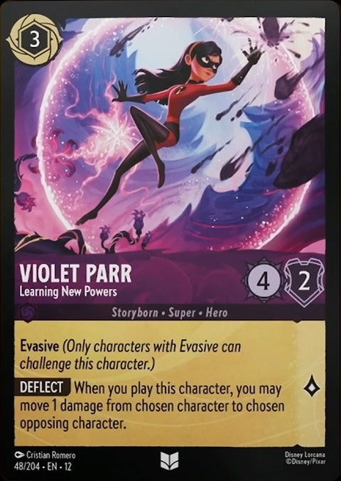 Violet Parr from Disney Lorcana, learning new powers card, single trading card featuring vibrant artwork, numbered 48.