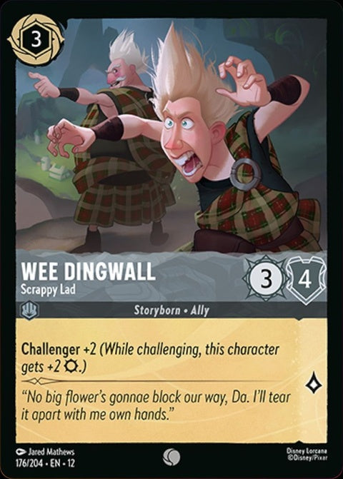 Disney Lorcana Wee Dingwall Scrappy Lad single card featuring a colorful illustration of a playful character from the game.