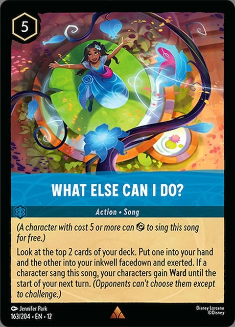 Disney Lorcana "What Else Can I Do?" singles card featuring vibrant artwork and character details.