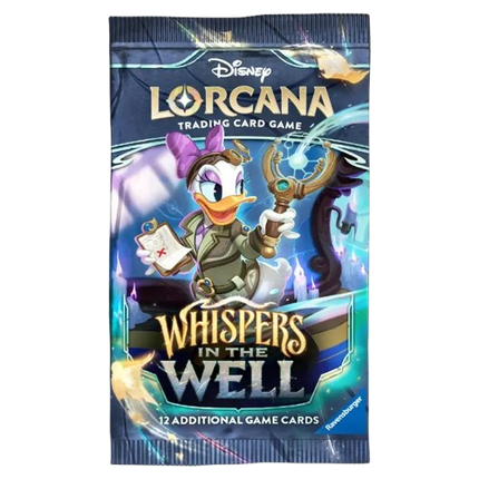 Disney Lorcana trading card game pack featuring a character with a staff and purple hair on a blue background.