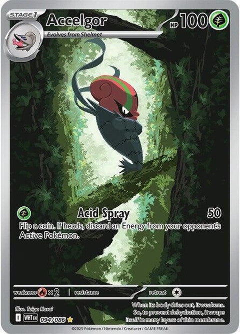 White Flare Accelgor Pokémon single card, featuring a sleek design and vibrant artwork of the Pokémon in white and blue tones.
