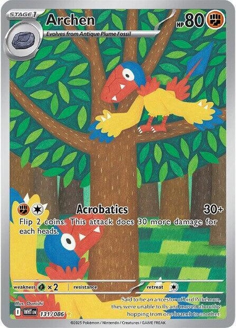 White Flare Archen Pokémon singles card featuring a white and orange bird with a fiery design on a plain background.