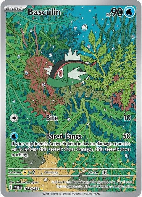 White Flare Basculin Pokémon single card, featuring a white and red Basculin with a dynamic pose on a colorful background.