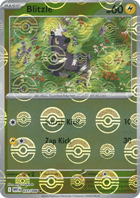 White Flare Pokémon Blitzle card with Poke Ball pattern, showcasing its design and artwork on a white background.