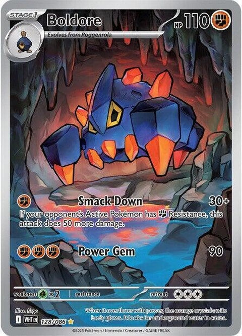 White Flare Pokémon Boldore 128 card from Singles collection, featuring detailed artwork of the rock-type Pokémon.