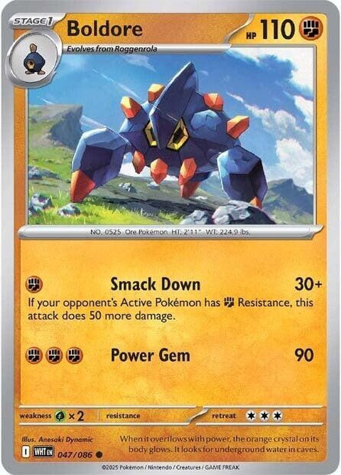 White Flare Boldore Pokémon single card, showing artwork of the rock-type Pokémon with white and gray colors.