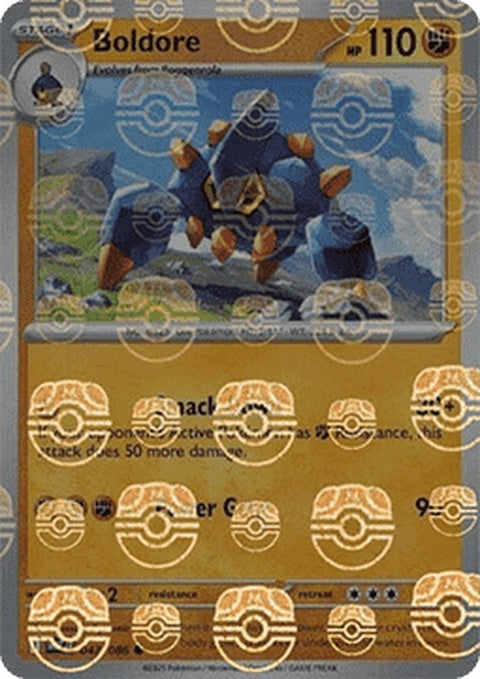 White Flare Boldore Pokémon card with Master Ball pattern, featuring the Pokémon in a dynamic pose on a white background.