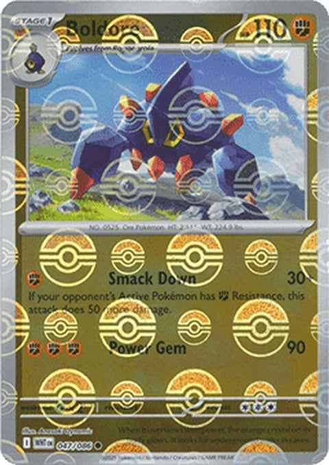 White Flare Boldore Pokémon trading card with Poke Ball pattern, featuring a white background and bold design.