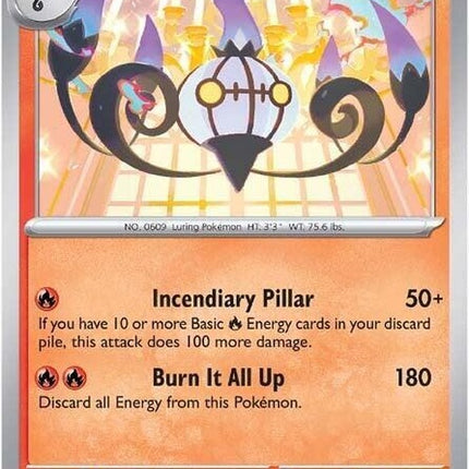White Flare Chandelure Pokémon card from the Singles collection, featuring a white and purple design with Chandelure illustration.