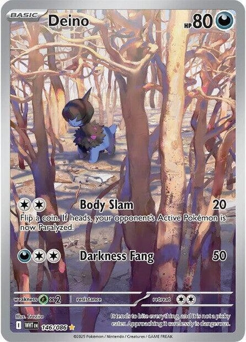 White Flare Deino Pokémon single card featuring a blue and black dragon with white accents, front view with detailed artwork.