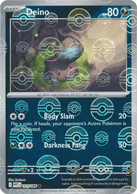 White Flare Deino Pokémon 65 singles card with Poke Ball pattern, featuring a white background and Pokémon branding.