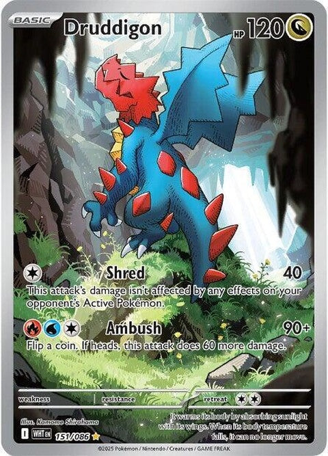 White Flare Druddigon Pokémon card from the Singles series, featuring detailed artwork of the dragon-type Pokémon.