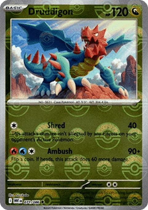 White flare Pokémon card featuring Druddigon with a Poke Ball pattern in the background. Pokémon brand singles card.