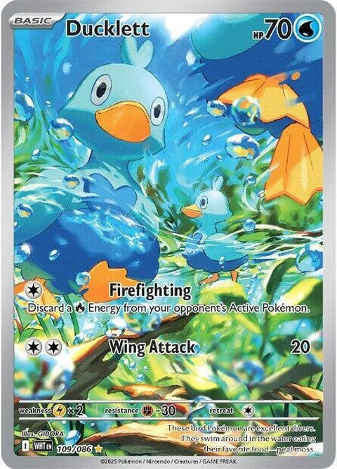 White Flare Ducklett Pokémon singles card, featuring a white duckling with flare details, from the Pokémon trading card game.