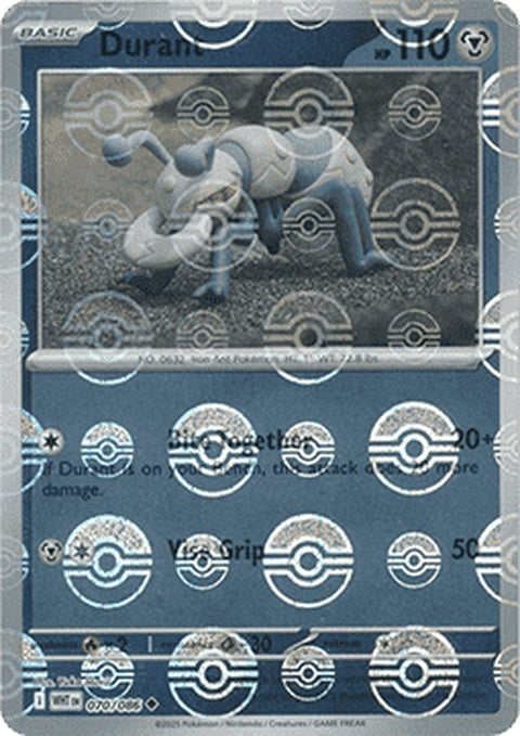 White Flare Durant 70 Pokémon singles card with Poke Ball pattern, featuring artwork of Durant in a white flare design.