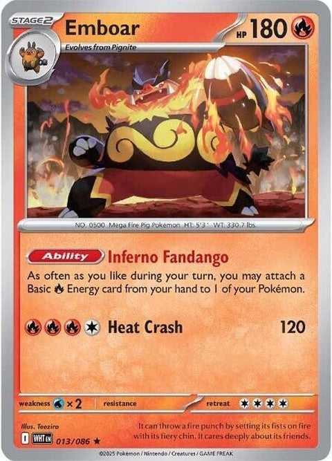 White Flare Emboar Pokémon singles card, featuring a fiery white and orange design with Emboar in an energetic stance.