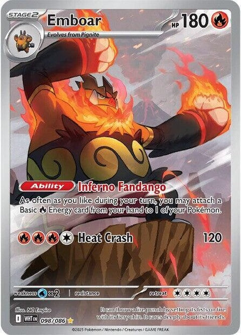 White Flare Emboar Pokémon single card, vibrant illustration, detailed artwork, featuring the Fire/Fighting type Pokémon.