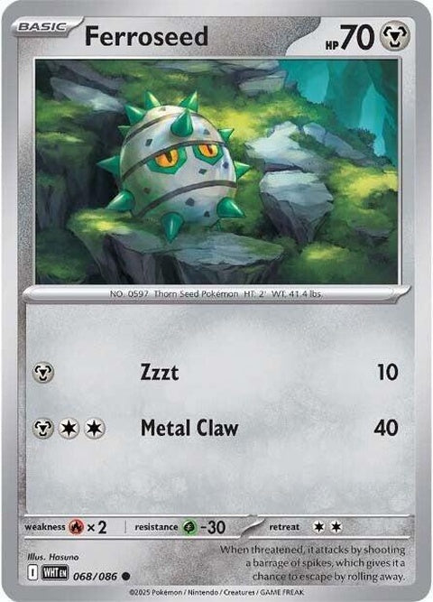 White Flare Ferroseed Pokémon figure, showcasing its white and green spiky design with red eyes and metallic accents.