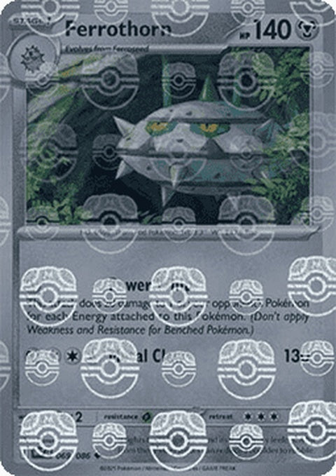 White Flare Ferrothorn Pokémon figure with Master Ball pattern, showcasing a white and green design in a detailed pose.