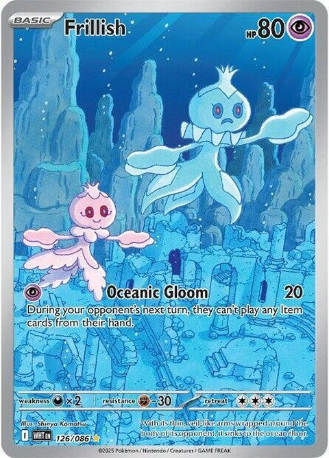 White Flare Frillish Pokémon singles card featuring a white and blue water-type Pokémon with frilled fins and a serene expression.