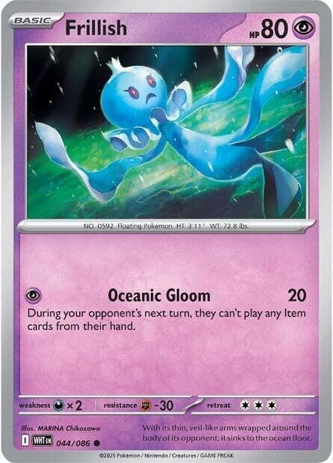 White Flare Frillish Pokémon singles card, showing a white and blue Water/Ghost-type Pokémon with frilled fins.