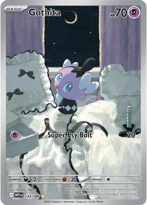 White Flare Gothita Pokémon Singles card, featuring a white-themed design and artwork of the Psychic-type Pokémon Gothita.