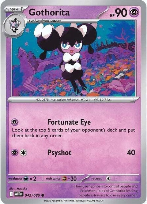 White Flare Pokémon Gothorita from the Singles series, featuring a white and purple Psychic-type Pokémon with a flared design.