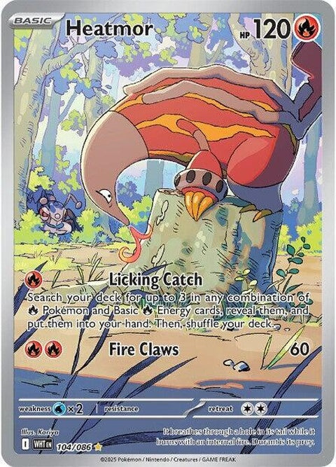 White Flare Heatmor Pokémon singles card, featuring artwork of a fiery orange Pokémon with a white background and flame details.