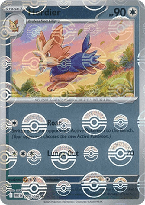 White Herdier Pokémon trading card from the Flare series, featuring Poke Ball pattern and 75 HP on a white background.