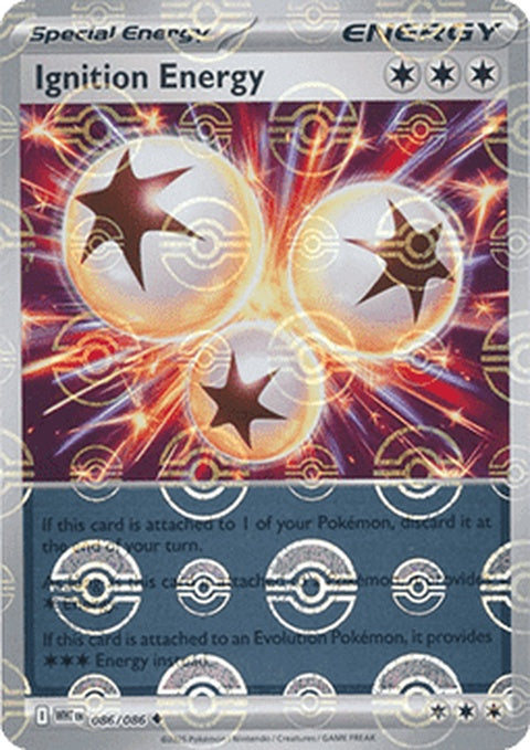 White Flare Ignition Energy Pokémon singles card with Poke Ball pattern, featuring vibrant design and branding details.