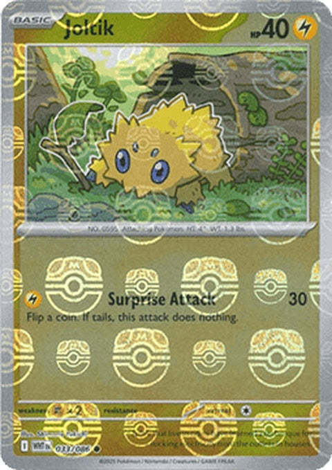 White Flare Joltik Pokémon card with Master Ball pattern, showcasing a small, yellow and black Electric/Bug type Pokémon.