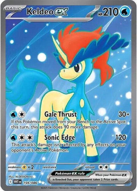 White Flare Keldeo EX Pokémon card from the Singles collection, featuring a white-themed design and dynamic artwork.