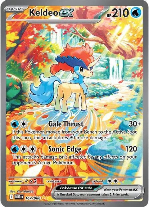 White Flare Keldeo EX Pokémon card, a white-themed single card featuring Keldeo Ex in a dynamic pose.