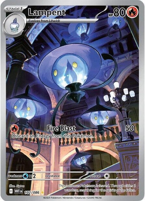White Flare Lampent Pokémon single card featuring Lampent with white design and flame details.