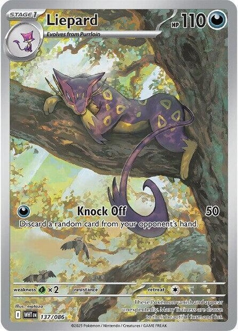 White Flare Liepard Pokémon card from the Singles collection, featuring the sleek white feline with a dynamic pose.