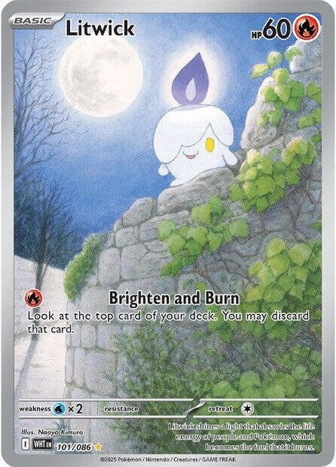 White Flare Litwick Pokémon single figure displayed, featuring a white flare design and detailed Pokémon branding.