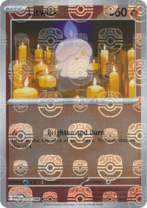 White Flare Litwick Pokémon trading card featuring a Master Ball pattern, designed for singles gameplay.