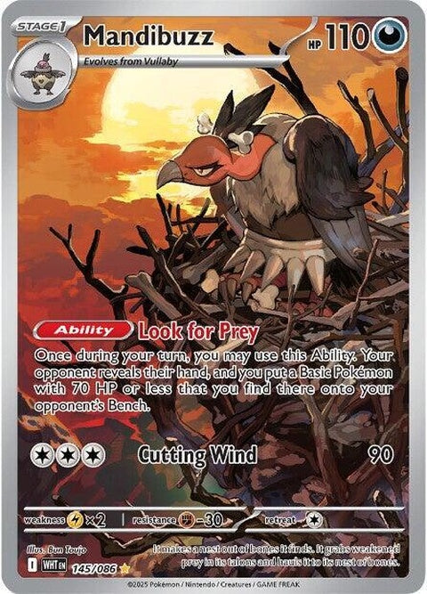 White Flare Mandibuzz Pokémon card, featuring a white-themed design with Mandibuzz in a dynamic pose, from the Singles series.
