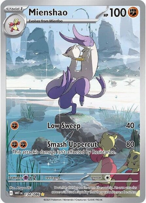 White Flare Mienshao Pokémon card, featuring a white-themed design and the Fighting-type Pokémon in a dynamic pose.